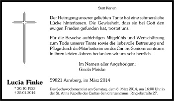 Traueranzeige von Lucia Finke von Tageszeitung