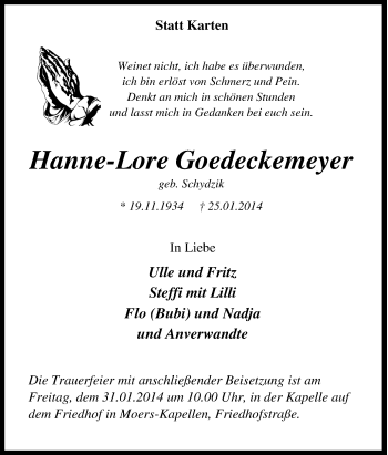 Traueranzeige von Hanne-Lore Goedeckemeyer von Tageszeitung