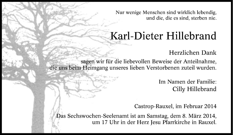 Traueranzeige für Karl-Dieter Hillebrand vom 28.01.2014 aus Tageszeitung