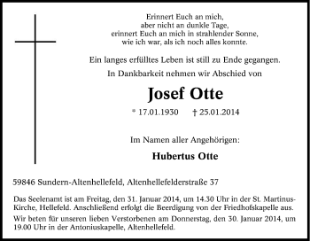 Traueranzeige von Josef Otte von Tageszeitung