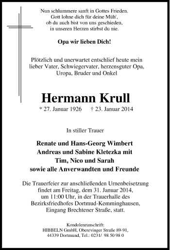 Traueranzeige von Hermann Krull von Tageszeitung