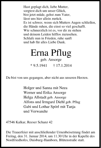 Traueranzeige von Erna Pflug von Tageszeitung