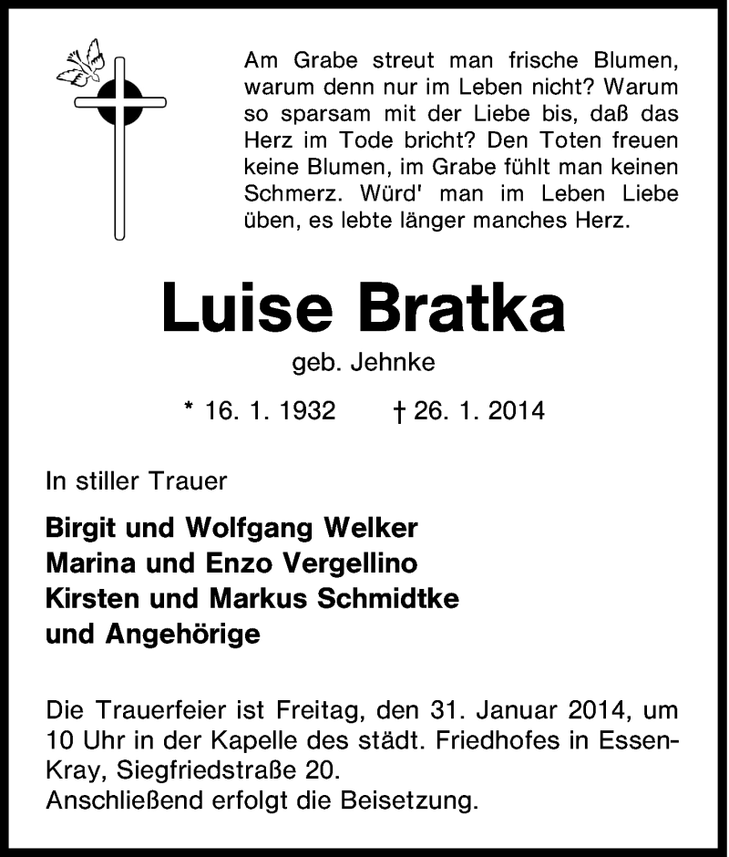  Traueranzeige für Luise Bratka vom 29.01.2014 aus Tageszeitung