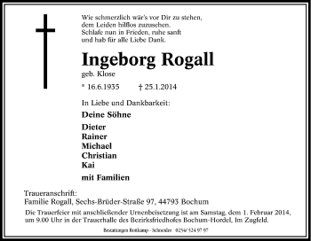 Traueranzeige von Ingeborg Rogall von Tageszeitung
