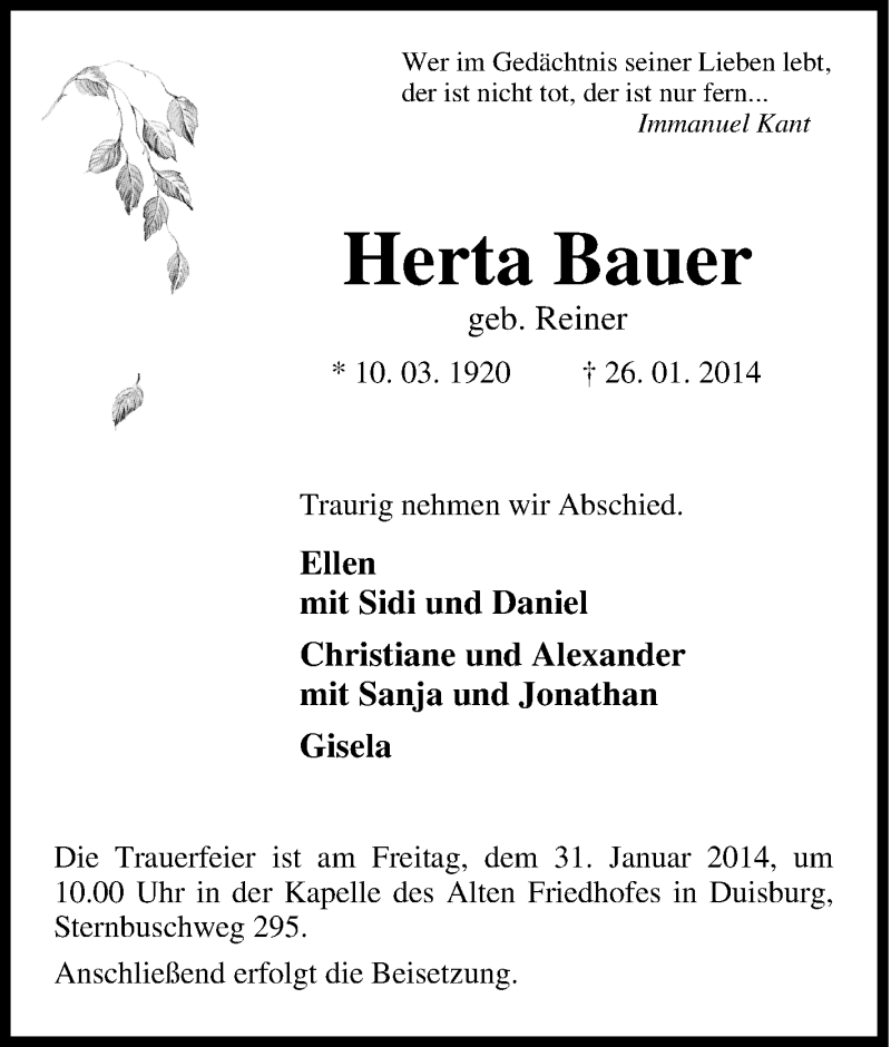  Traueranzeige für Herta Bauer vom 29.01.2014 aus Tageszeitung