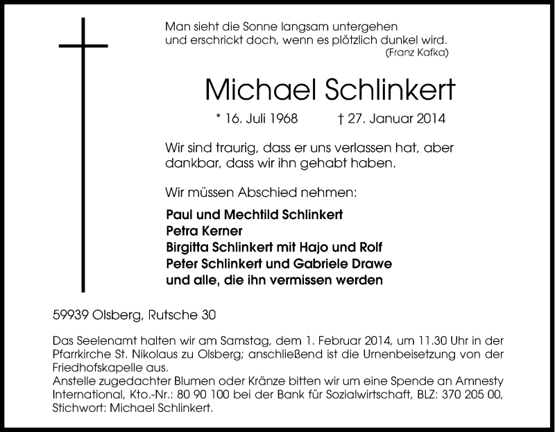  Traueranzeige für Michael Schlinkert vom 29.01.2014 aus Tageszeitung