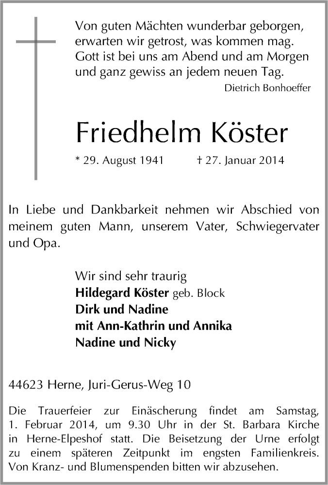 Traueranzeigen Von Friedhelm K Ster Trauer In Nrw De