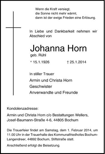 Traueranzeige von Johanna Horn von Tageszeitung