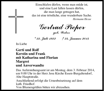 Traueranzeige von Gertrud Pieper von Tageszeitung