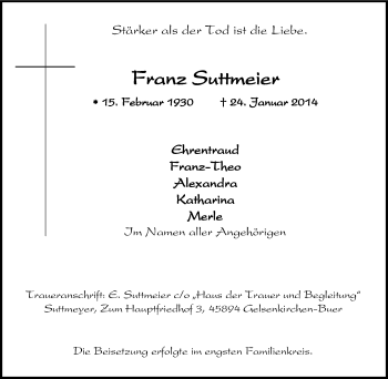 Traueranzeige von Franz Suttmeier von Tageszeitung