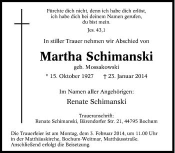 Traueranzeige von Martha Schimanski von Tageszeitung