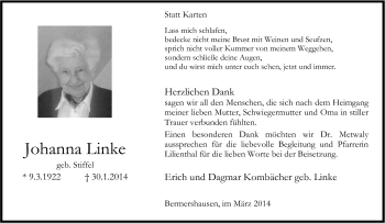Traueranzeige von Johanna Linke von Tageszeitung