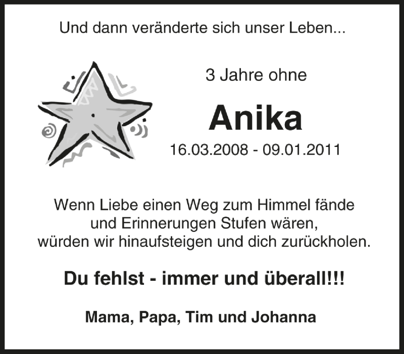  Traueranzeige für Anika Bergner vom 09.01.2014 aus Westdeutsche Allgemeine Zeitung