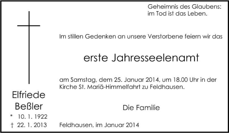 Traueranzeige für Elfriede Beßler vom 22.01.2014 aus Tageszeitung