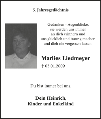 Traueranzeige von Marlies Liedmeyer von Tageszeitung