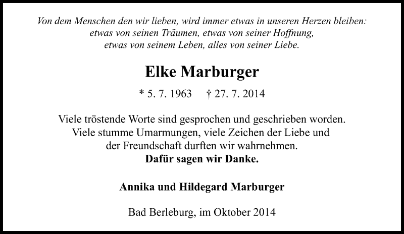  Traueranzeige für Elke Marburger vom 16.10.2014 aus Tageszeitung