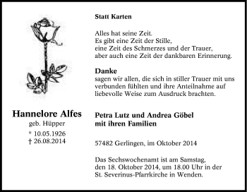 Traueranzeige von Hannelore Alfes von Tageszeitung