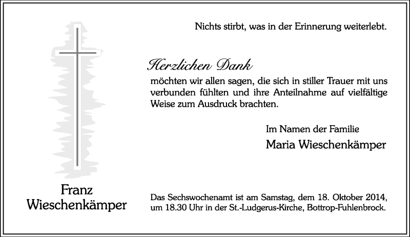  Traueranzeige für Franz Wieschenkämper vom 14.10.2014 aus Tageszeitung