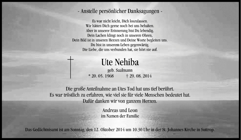  Traueranzeige für Ute Nehiba vom 08.10.2014 aus Tageszeitung