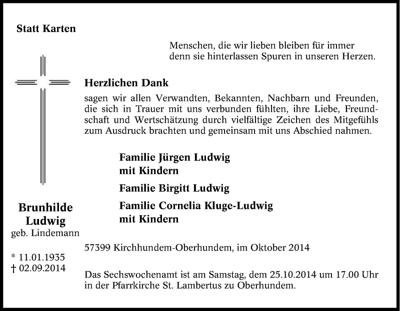  Traueranzeige für Brunhilde Ludwig vom 18.10.2014 aus Tageszeitung