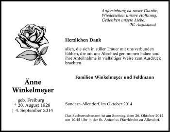 Traueranzeige von Änne Winkelmeyer von Tageszeitung