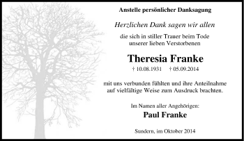 Traueranzeige von Theresia Franke von Tageszeitung