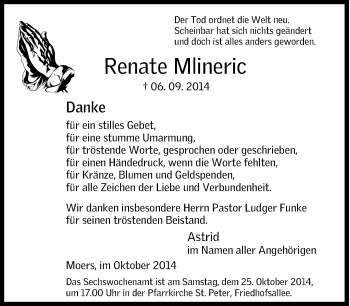 Traueranzeige von Renate Mlineric von Tageszeitung