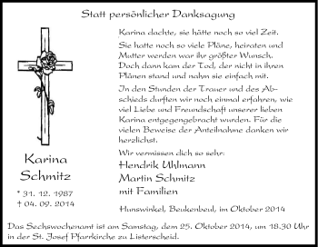 Traueranzeige von Karina Schmitz von Tageszeitung