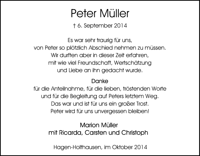  Traueranzeige für Peter Müller vom 25.10.2014 aus Tageszeitung