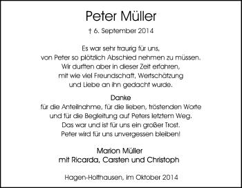 Traueranzeige von Peter Müller von Tageszeitung