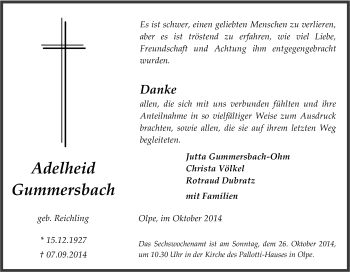 Traueranzeige von Adelheid Gummersbach von Tageszeitung