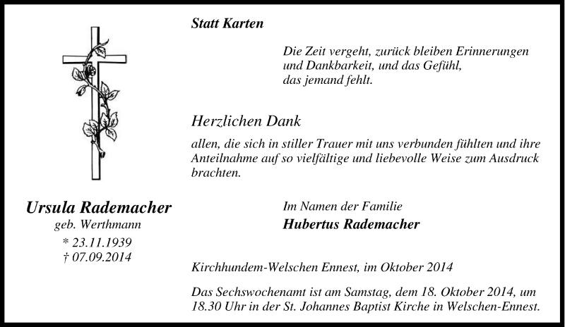  Traueranzeige für Ursula Rademacher vom 14.10.2014 aus Tageszeitung