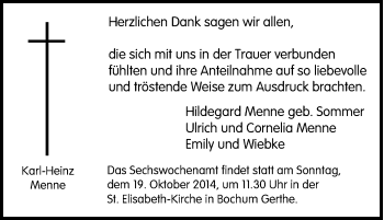Traueranzeige von Karl-Heinz Menne von Tageszeitung