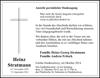 Traueranzeige von Heinz Stratmann von Tageszeitung