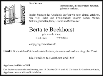 Traueranzeige von Berta te Boekhorst von Tageszeitung