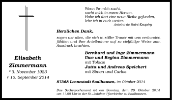 Traueranzeige von Elisabeth Zimmermann von Tageszeitung
