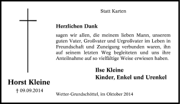 Traueranzeige von Horst  Kleine von Tageszeitung