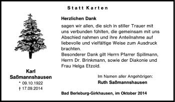 Traueranzeige von Karl Saßmannshausen von Tageszeitung