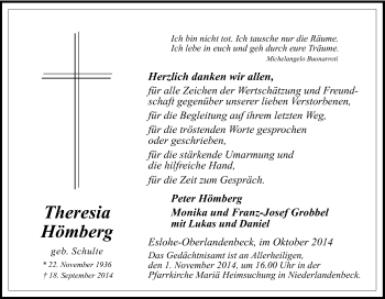 Traueranzeige von Theresia Hömberg von Tageszeitung