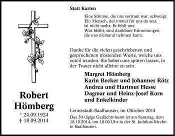 Traueranzeige von Robert  Hömberg von Tageszeitung