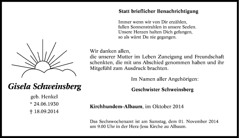  Traueranzeige für Gisela  Schweinsberg vom 28.10.2014 aus Tageszeitung