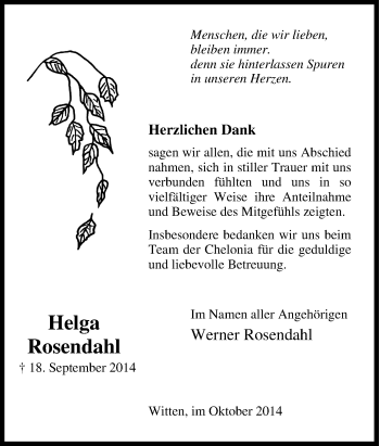 Traueranzeige von Helga  Rosendahl von Tageszeitung
