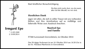 Traueranzeige von Irmgard  Epe von Tageszeitung