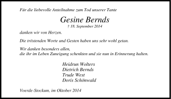 Traueranzeige von Gesine Bernds von Tageszeitung