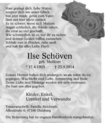 Traueranzeige von Ilse Schöven von Tageszeitung