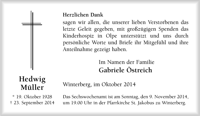  Traueranzeige für Hedwig Müller vom 31.10.2014 aus Tageszeitung