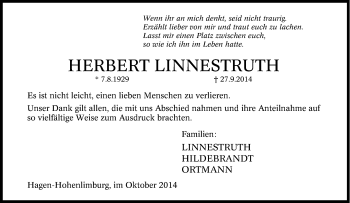 Traueranzeige von Herbert Linnestruth von Tageszeitung