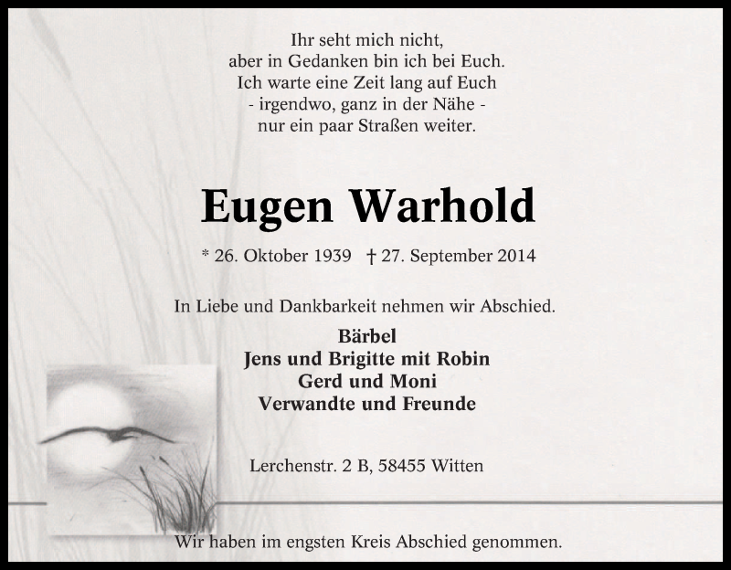  Traueranzeige für Eugen Warhold vom 04.10.2014 aus Tageszeitung