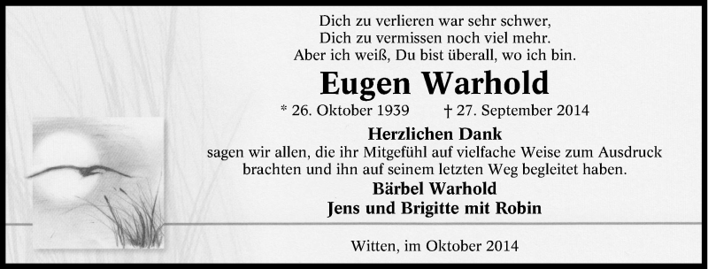  Traueranzeige für Eugen Warhold vom 18.10.2014 aus Tageszeitung