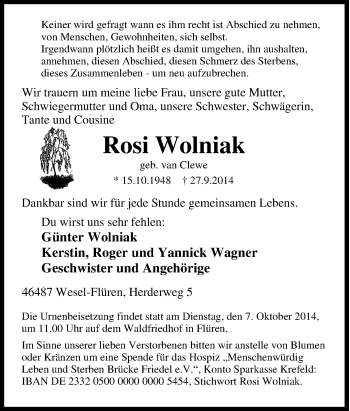 Traueranzeige von Rosi Wolniak von Tageszeitung